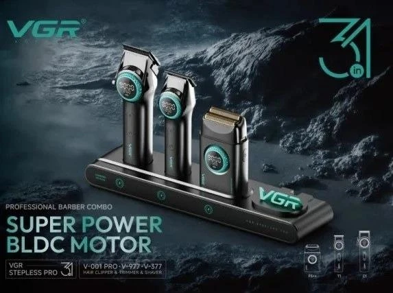 مجموعة قص الشعر الاحترافية 3  في 1  VGR V-STEPLESS Pro - لون اسود