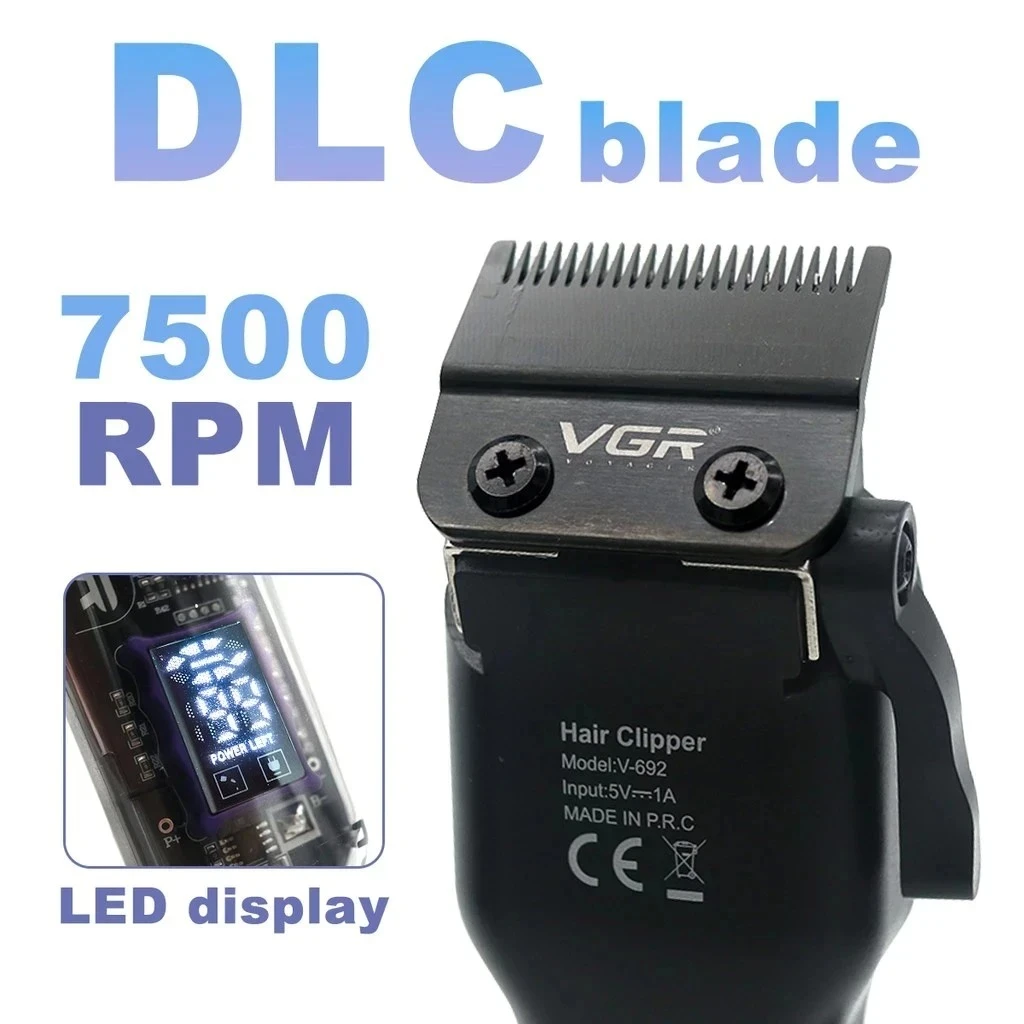 ماكينة قص الشعر للرجال VGR V692 مع شفرة DLC للتعتيم، وشاشة LED، وواجهة USB،ماكينة قص الشعر الاحترافية اللاسلكية الشفافة