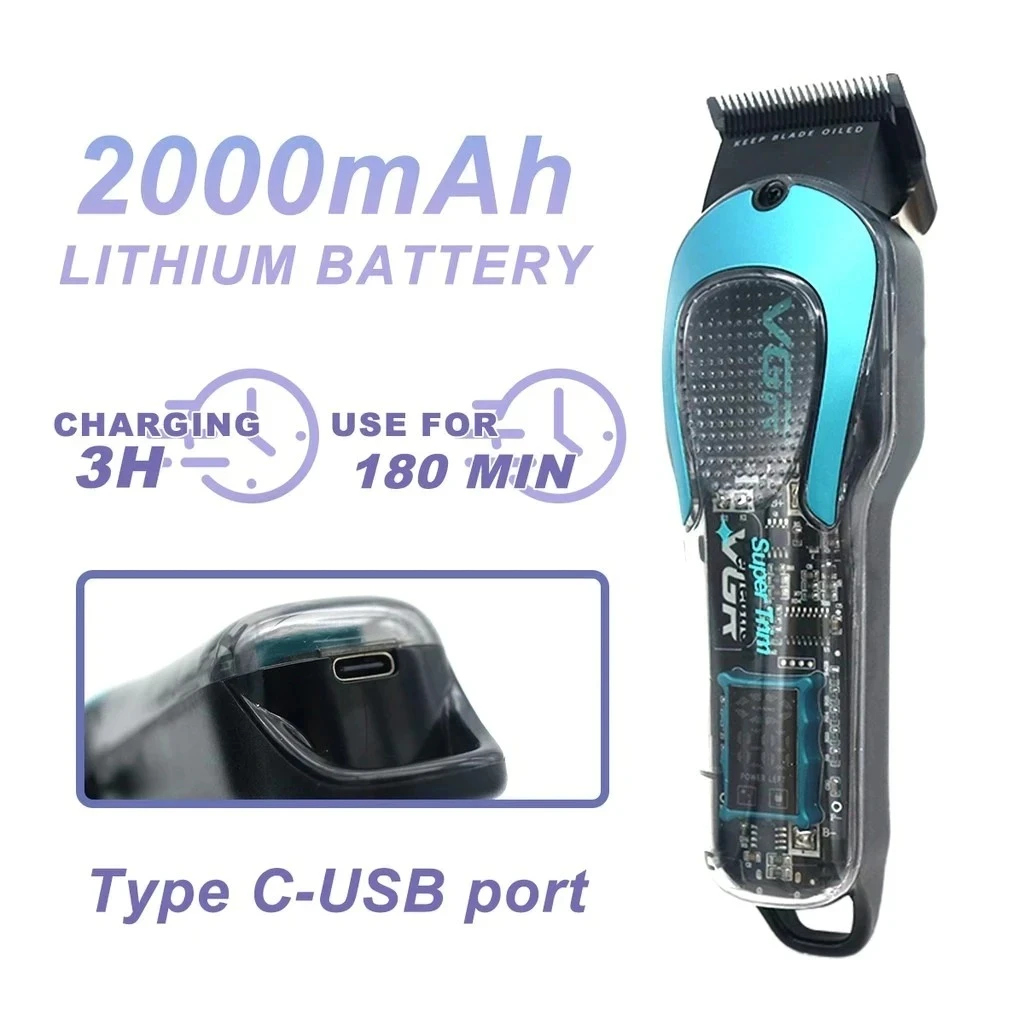 ماكينة قص الشعر للرجال VGR V692 مع شفرة DLC للتعتيم، وشاشة LED، وواجهة USB،ماكينة قص الشعر الاحترافية اللاسلكية الشفافة