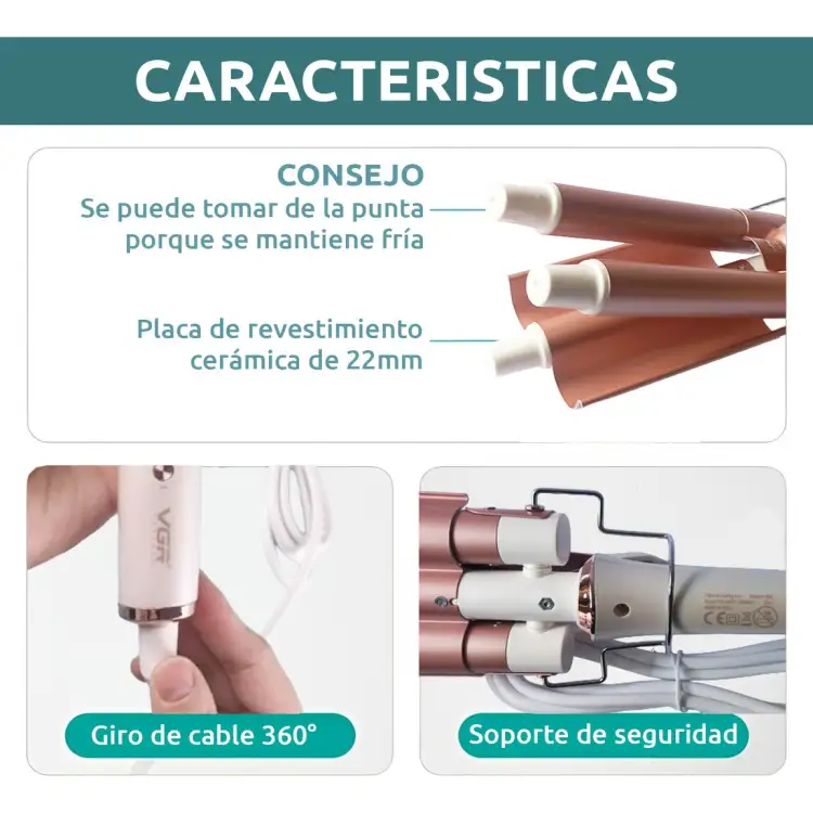 مكواة فرد الشعر الاحترافية ثلاثية الأسطوانات من السيراميك VGR V-599