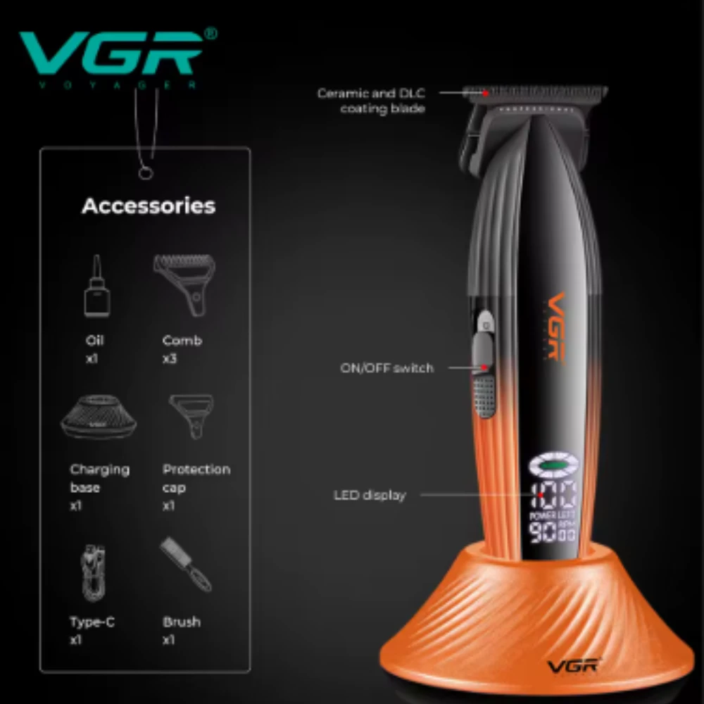 ماكينة تشذيب الشعر الاحترافية VGR V-889T، ماكينة قص الشعر الكهربائية الراقية، 9000 دورة في الدقيقة، لون معدني متدرج ونحت الجسم والدفع