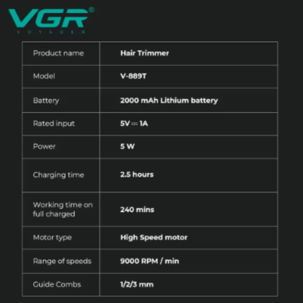 ماكينة تشذيب الشعر الاحترافية VGR V-889T، ماكينة قص الشعر الكهربائية الراقية، 9000 دورة في الدقيقة، لون معدني متدرج ونحت الجسم والدفع