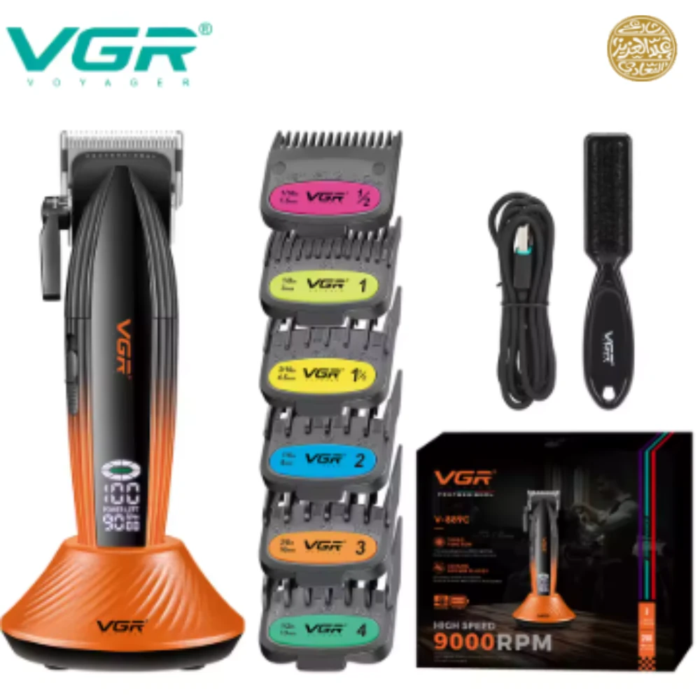 ماكينة قص الشعر الاحترافية VGR V-889C للرجال بشفرة DLC 9000 دورة في الدقيقة مع قاعدة شاحن وشاشة LCD معدنية كاملة لقص الشعر