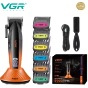 ماكينة قص الشعر الاحترافية VGR V-889C للرجال بشفرة DLC 9000 دورة في الدقيقة مع قاعدة شاحن وشاشة LCD معدنية كاملة لقص الشعر