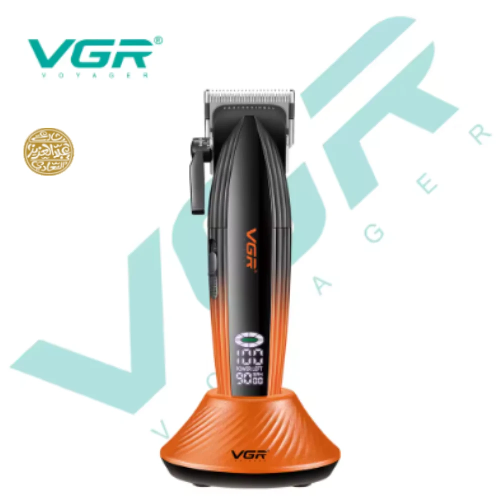 ماكينة قص الشعر الاحترافية VGR V-889C للرجال بشفرة DLC 9000 دورة في الدقيقة مع قاعدة شاحن وشاشة LCD معدنية كاملة لقص الشعر