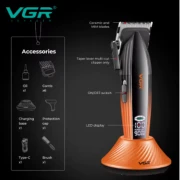 ماكينة قص الشعر الاحترافية VGR V-889C للرجال بشفرة DLC 9000 دورة في الدقيقة مع قاعدة شاحن وشاشة LCD معدنية كاملة لقص الشعر