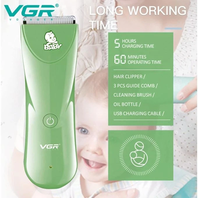 مقص شعر الأطفال VGR V-150 الاحترافي بشفرات سيراميك - قابل للغسل وصوت منخفض للغاية - زمن التشغيل: 60 دقيقة (أخضر)