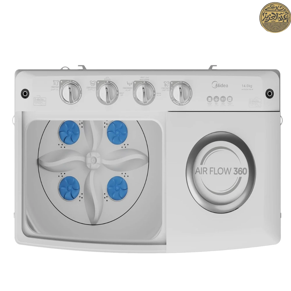 غسالة ميديا بحوضين MTE02W140/W، اسطوانة كبيرة للغاية، فلتر تدفق هواء 360، 14 كيلو، ابيض