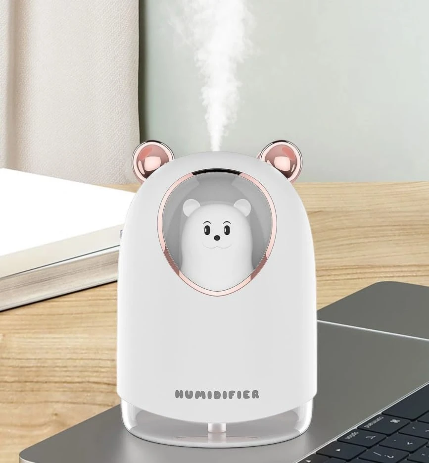 مرطب هواء صغير وموزع رائحة يعمل بالموجات فوق الصوتية مع ضوء ليلي وتشغيل هادئ، سعة كبيرة، مناسب لغرف النوم والمكاتب، سعة 300 مل، بلون أبيض