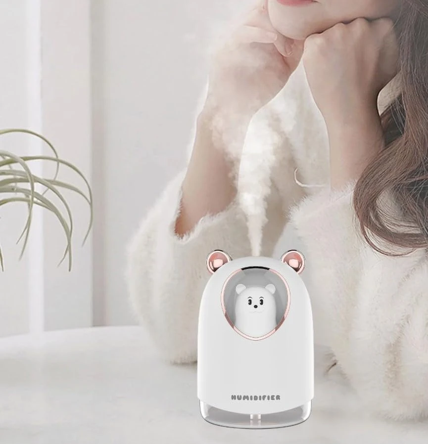 مرطب هواء صغير وموزع رائحة يعمل بالموجات فوق الصوتية مع ضوء ليلي وتشغيل هادئ، سعة كبيرة، مناسب لغرف النوم والمكاتب، سعة 300 مل، بلون أبيض