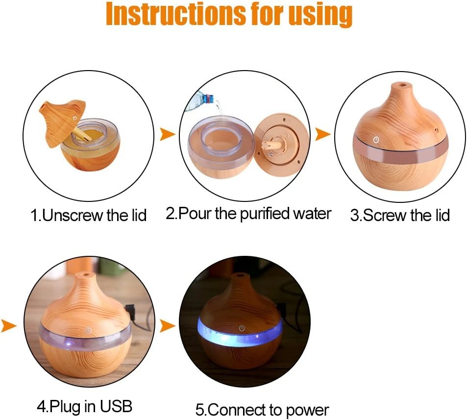 مرطب هواء من الخشب الحبيبي سعة 300 مل - صانع رذاذ باضاءة LED ليلية متغيرة اللون بمنفذ USB للمكتب والسيارة والمنزل