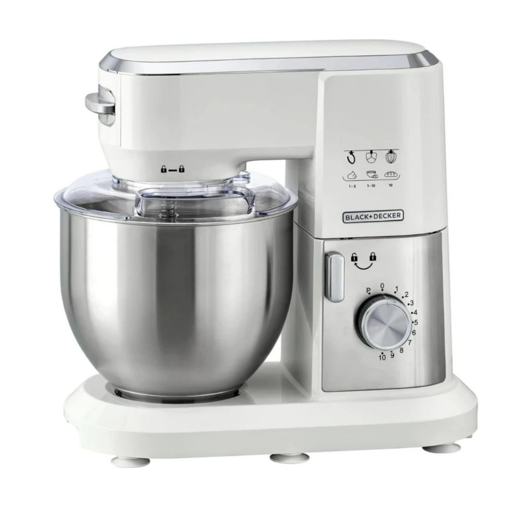 عجان مطبخ متعدد الوظائف بقدرة 1000 وات وسعة 6 لتر مع 10 سرعات من بلاك اند ديكر، لون ابيض وفضي، موديل MKM100-B5