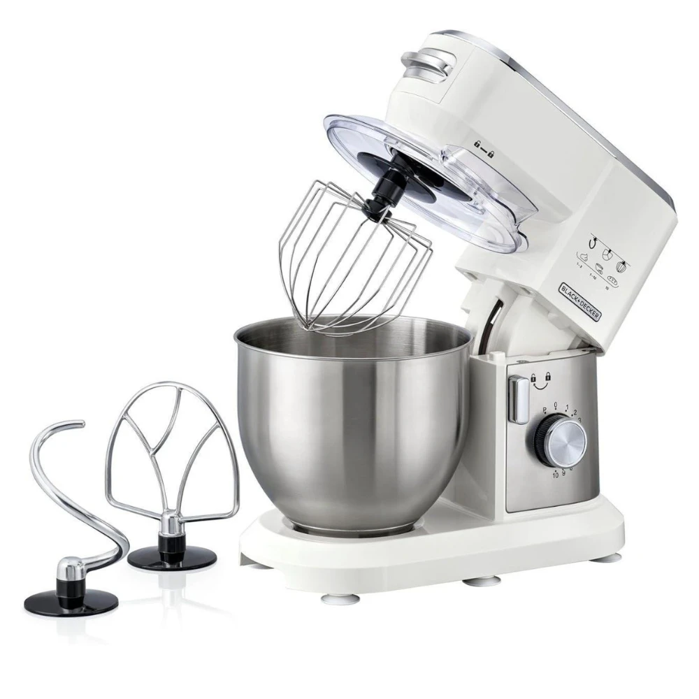 عجان مطبخ متعدد الوظائف بقدرة 1000 وات وسعة 6 لتر مع 10 سرعات من بلاك اند ديكر، لون ابيض وفضي، موديل MKM100-B5