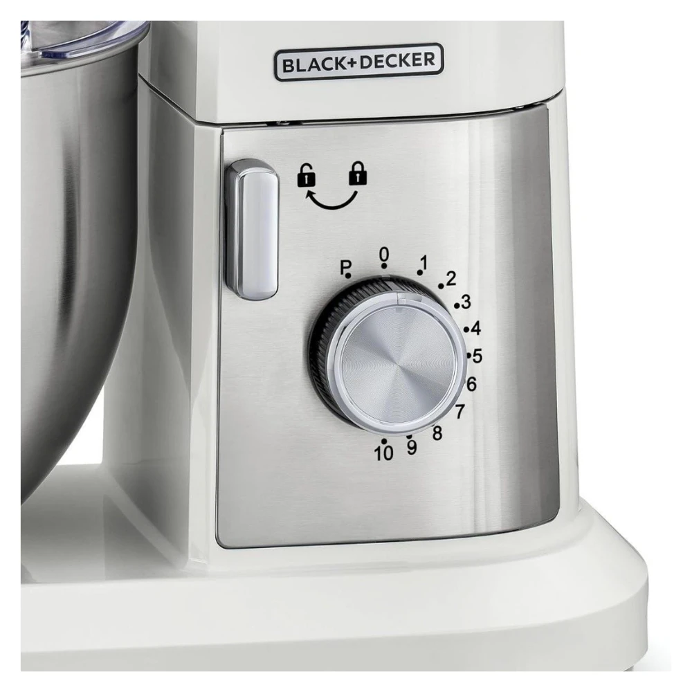 عجان مطبخ متعدد الوظائف بقدرة 1000 وات وسعة 6 لتر مع 10 سرعات من بلاك اند ديكر، لون ابيض وفضي، موديل MKM100-B5