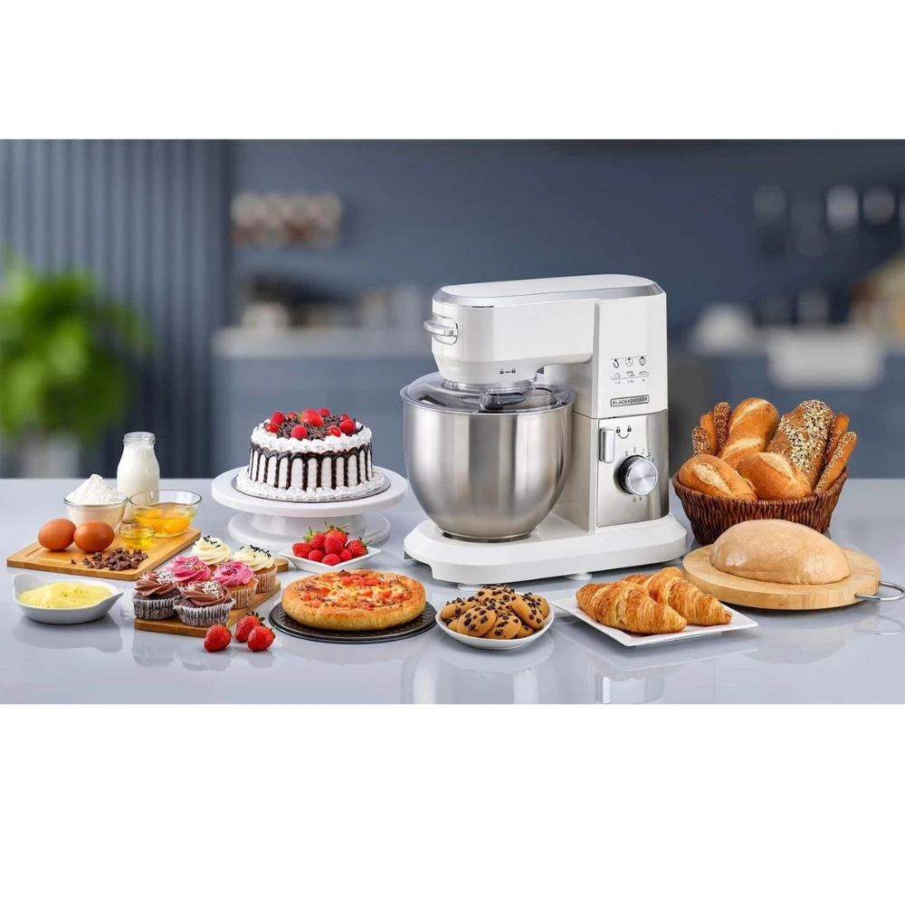 عجان مطبخ متعدد الوظائف بقدرة 1000 وات وسعة 6 لتر مع 10 سرعات من بلاك اند ديكر، لون ابيض وفضي، موديل MKM100-B5