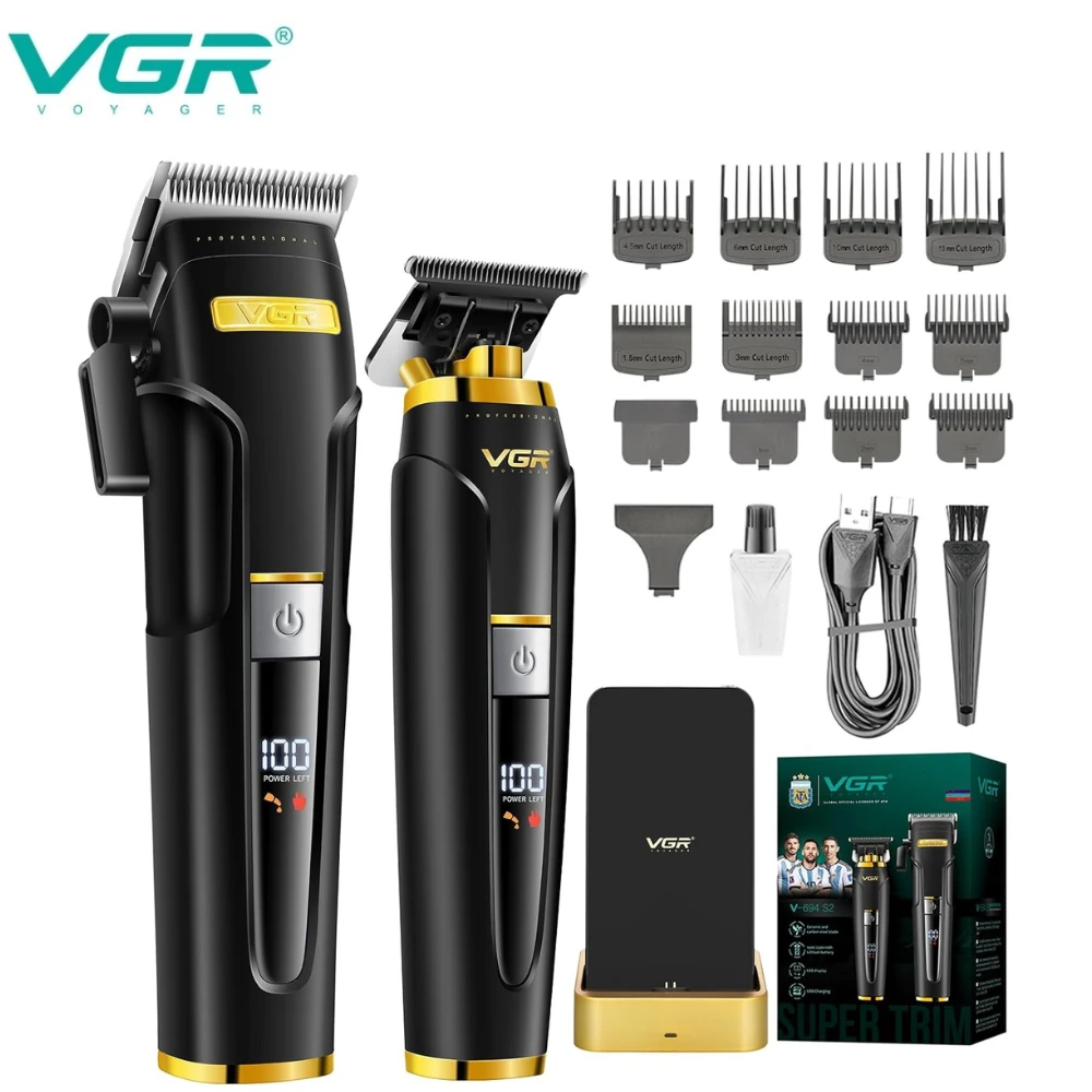 مجموعة ماكينة حلاقة الشعر الاحترافية VGR 694 S2، مجموعة ماكينة حلاقة شعر لاسلكية للرجال مع قاعدة شحن مغناطيسية، طقم ماكينة حلاقة شعر للرجال بشفرات سيراميك وشاشة LED لون اسود