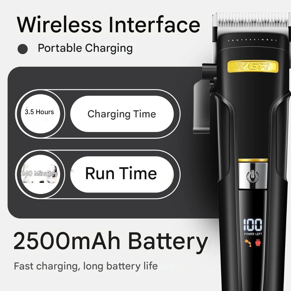 مجموعة ماكينة حلاقة الشعر الاحترافية VGR 694 S2، مجموعة ماكينة حلاقة شعر لاسلكية للرجال مع قاعدة شحن مغناطيسية، طقم ماكينة حلاقة شعر للرجال بشفرات سيراميك وشاشة LED لون اسود