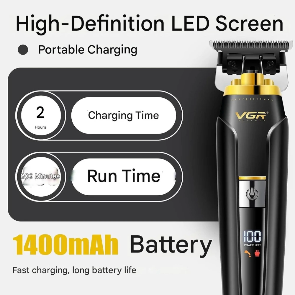 مجموعة ماكينة حلاقة الشعر الاحترافية VGR 694 S2، مجموعة ماكينة حلاقة شعر لاسلكية للرجال مع قاعدة شحن مغناطيسية، طقم ماكينة حلاقة شعر للرجال بشفرات سيراميك وشاشة LED لون اسود