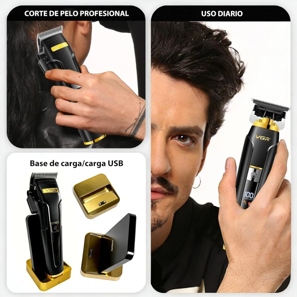 مجموعة ماكينة حلاقة الشعر الاحترافية VGR 694 S2، مجموعة ماكينة حلاقة شعر لاسلكية للرجال مع قاعدة شحن مغناطيسية، طقم ماكينة حلاقة شعر للرجال بشفرات سيراميك وشاشة LED لون اسود