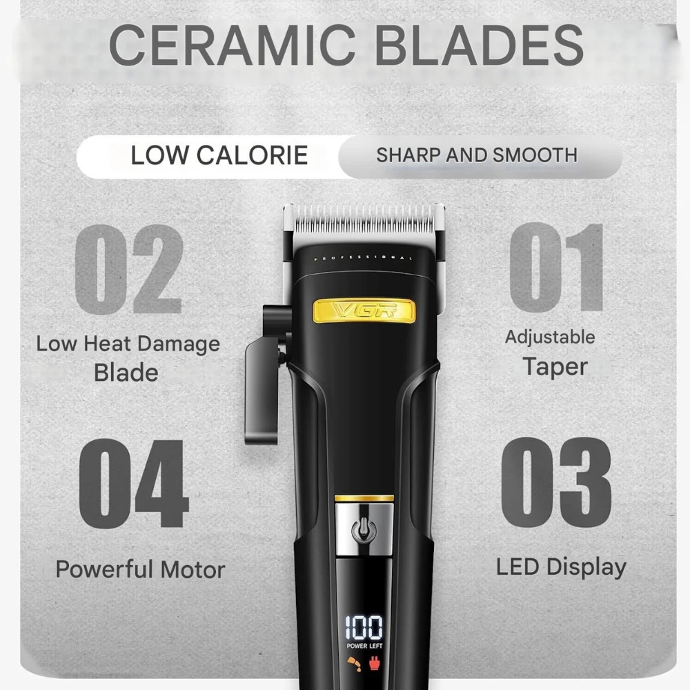 مجموعة ماكينة حلاقة الشعر الاحترافية VGR 694 S2، مجموعة ماكينة حلاقة شعر لاسلكية للرجال مع قاعدة شحن مغناطيسية، طقم ماكينة حلاقة شعر للرجال بشفرات سيراميك وشاشة LED لون اسود