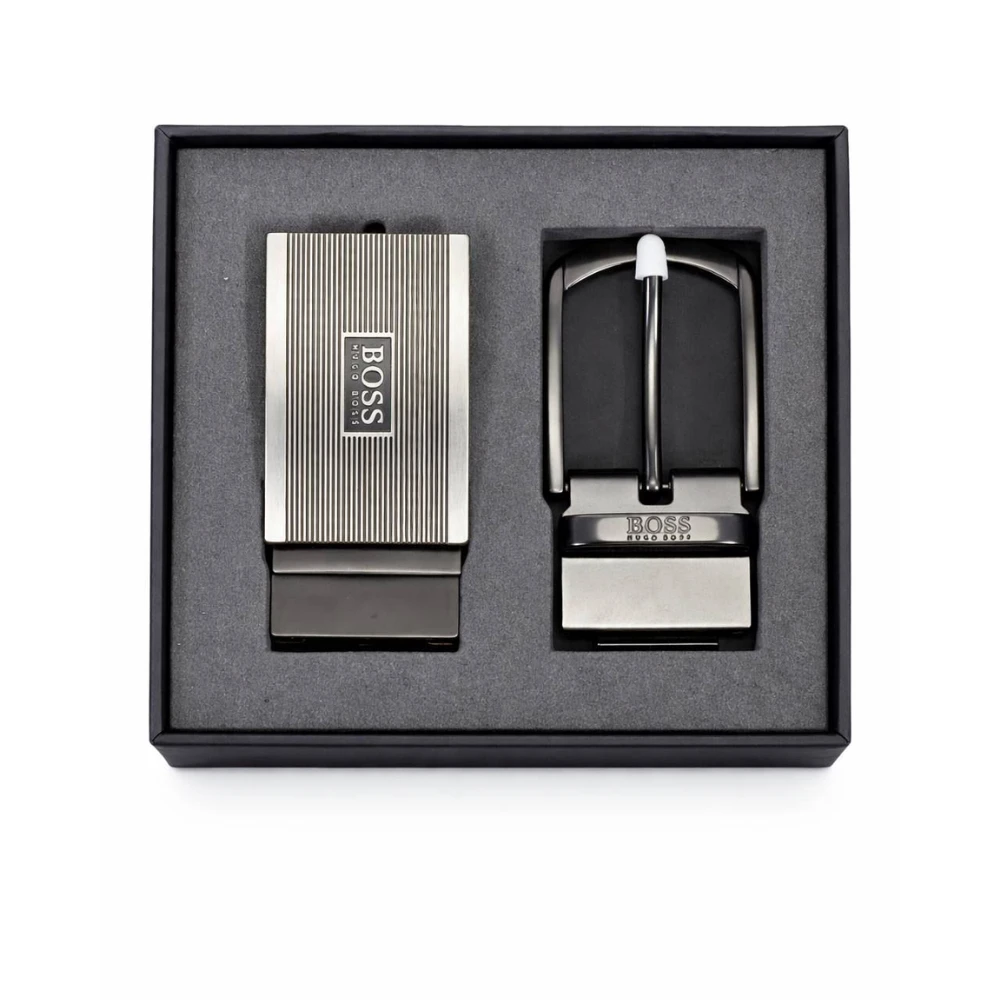 طقم  حزام رجالي من هوغو بوس - جلد طبيعي - أسود