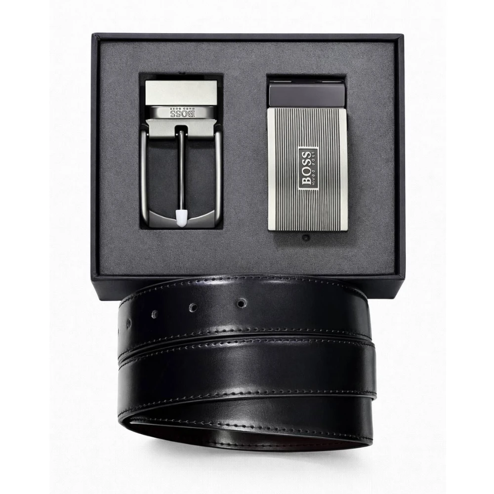 طقم  حزام رجالي من هوغو بوس - جلد طبيعي - أسود