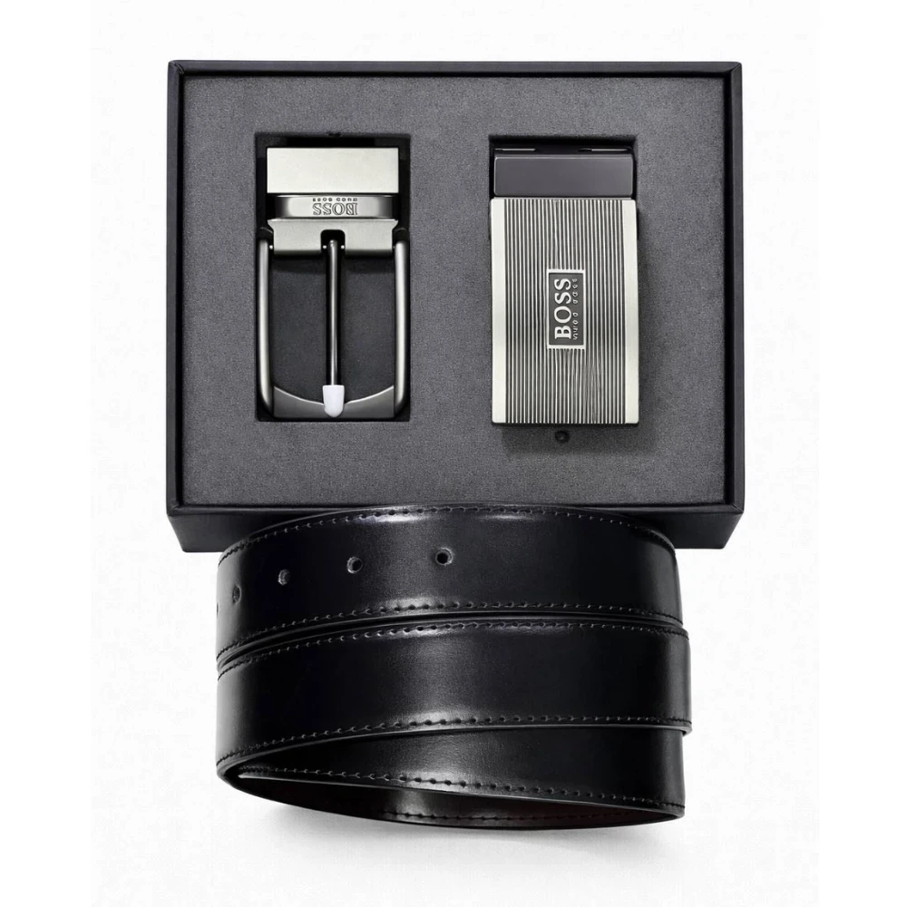 طقم  حزام رجالي من هوغو بوس - جلد طبيعي - أسود