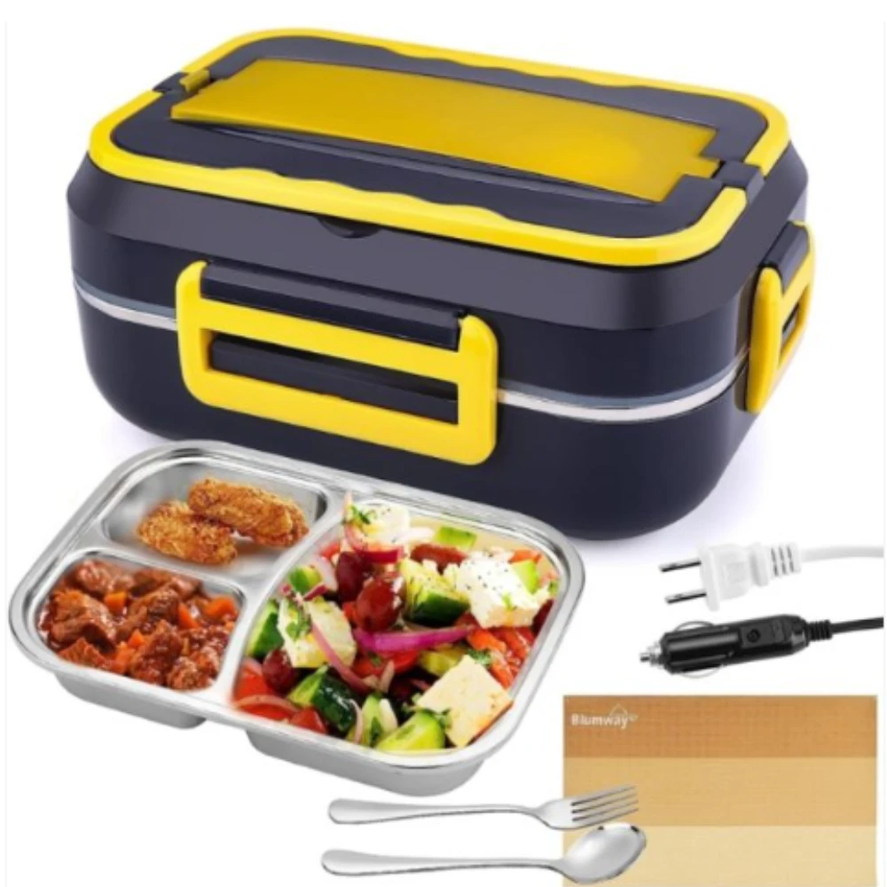 صندوق غداء كهربائي محمول 2 في 1 بقدرة 60 واط، 220 فولت 12 فولت/24 فولت، شنطة حمل معزولة شوكة وملعقة