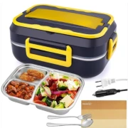 صندوق غداء كهربائي محمول 2 في 1 بقدرة 60 واط، 220 فولت 12 فولت/24 فولت، شنطة حمل معزولة شوكة وملعقة