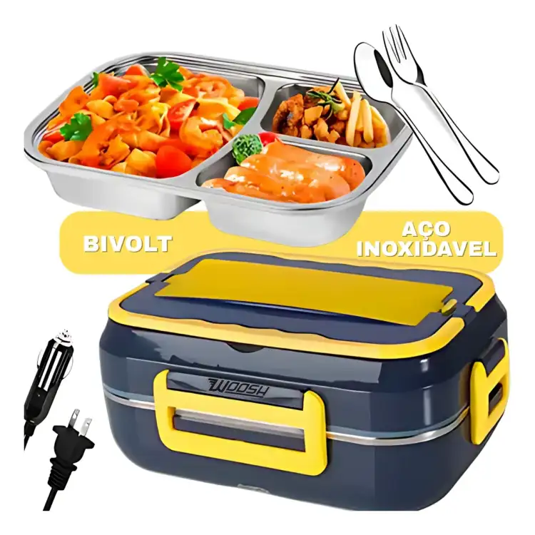 صندوق غداء كهربائي محمول 2 في 1 بقدرة 60 واط، 220 فولت 12 فولت/24 فولت، شنطة حمل معزولة شوكة وملعقة
