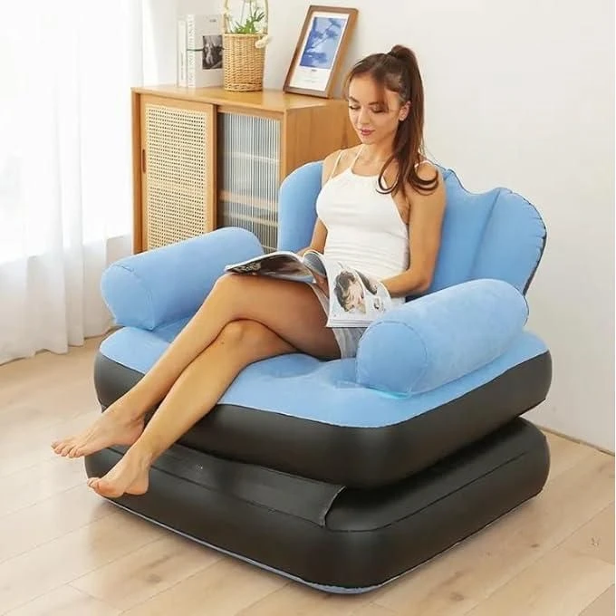 أريكة قابلة للنفخ للاستخدام الخارجي للبالغين، متعددة الوظائف، سرير قابل للنفخ 2 في 1، كرسي استرخاء مريح قابل للطي، أزرق