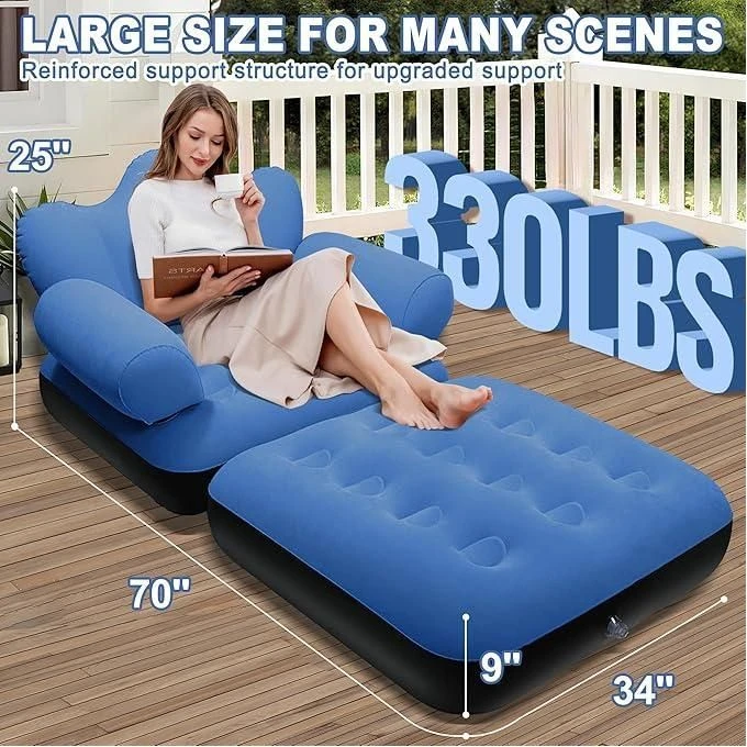 أريكة قابلة للنفخ للاستخدام الخارجي للبالغين، متعددة الوظائف، سرير قابل للنفخ 2 في 1، كرسي استرخاء مريح قابل للطي، أزرق