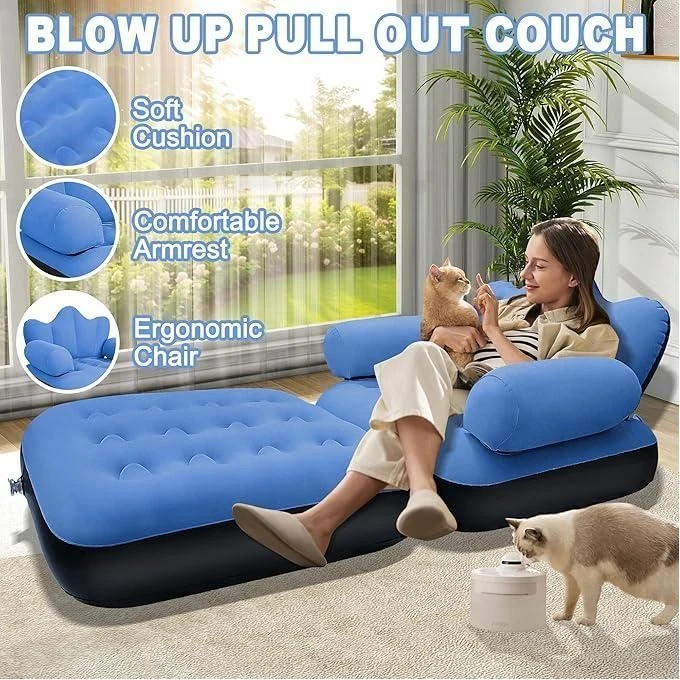 أريكة قابلة للنفخ للاستخدام الخارجي للبالغين، متعددة الوظائف، سرير قابل للنفخ 2 في 1، كرسي استرخاء مريح قابل للطي، أزرق