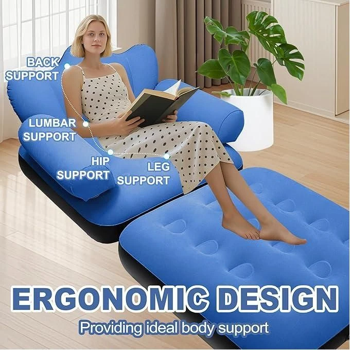 أريكة قابلة للنفخ للاستخدام الخارجي للبالغين، متعددة الوظائف، سرير قابل للنفخ 2 في 1، كرسي استرخاء مريح قابل للطي، أزرق
