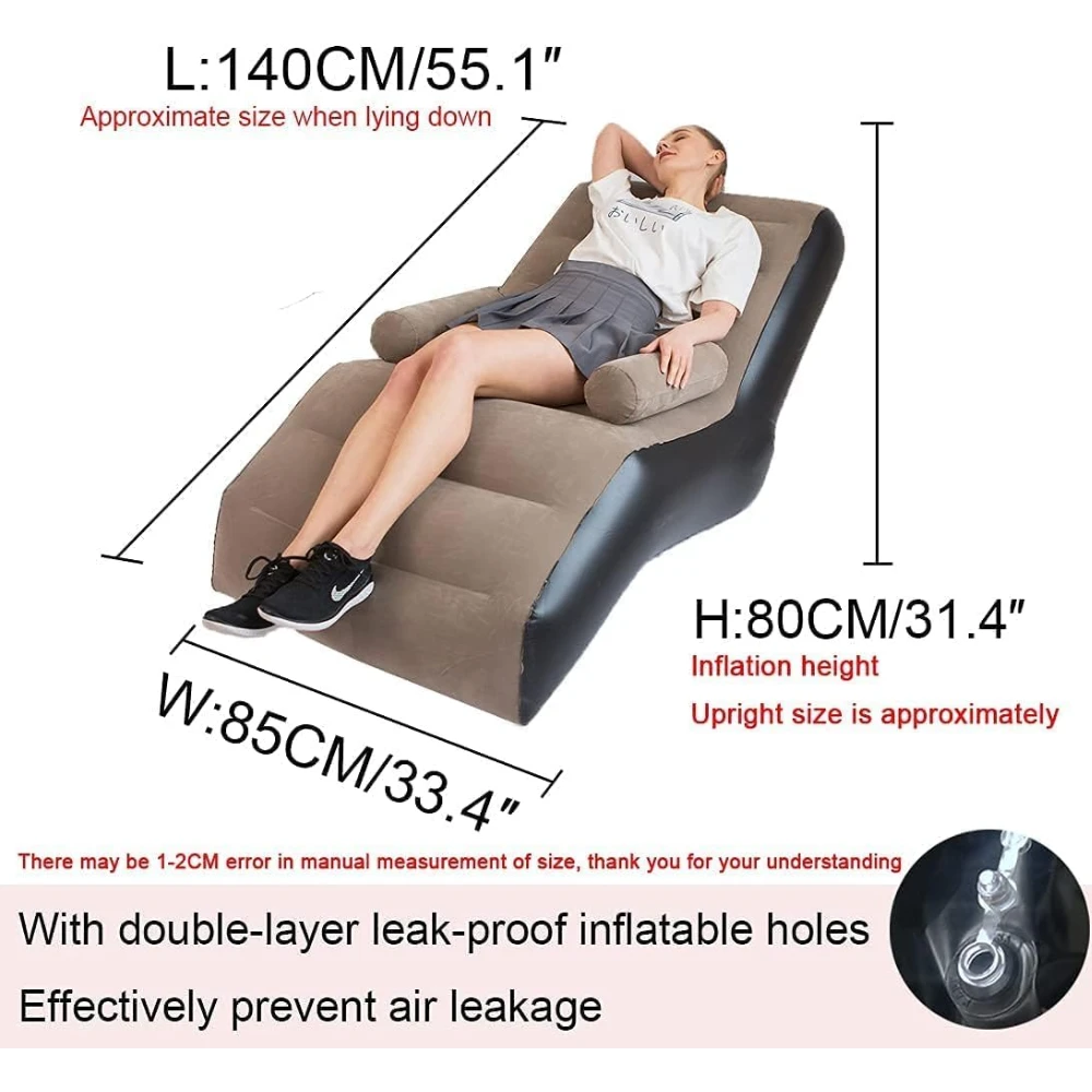 كرسي استلقاء قابل للنفخ مع مضخة هواء ودعامات للأذرع بتصميم مريح وقابل للطي للاستخدام في غرفة النوم أو غرفة المعيشة أو كسرير تخييم خارجي في عبوة من قطعة واحدة