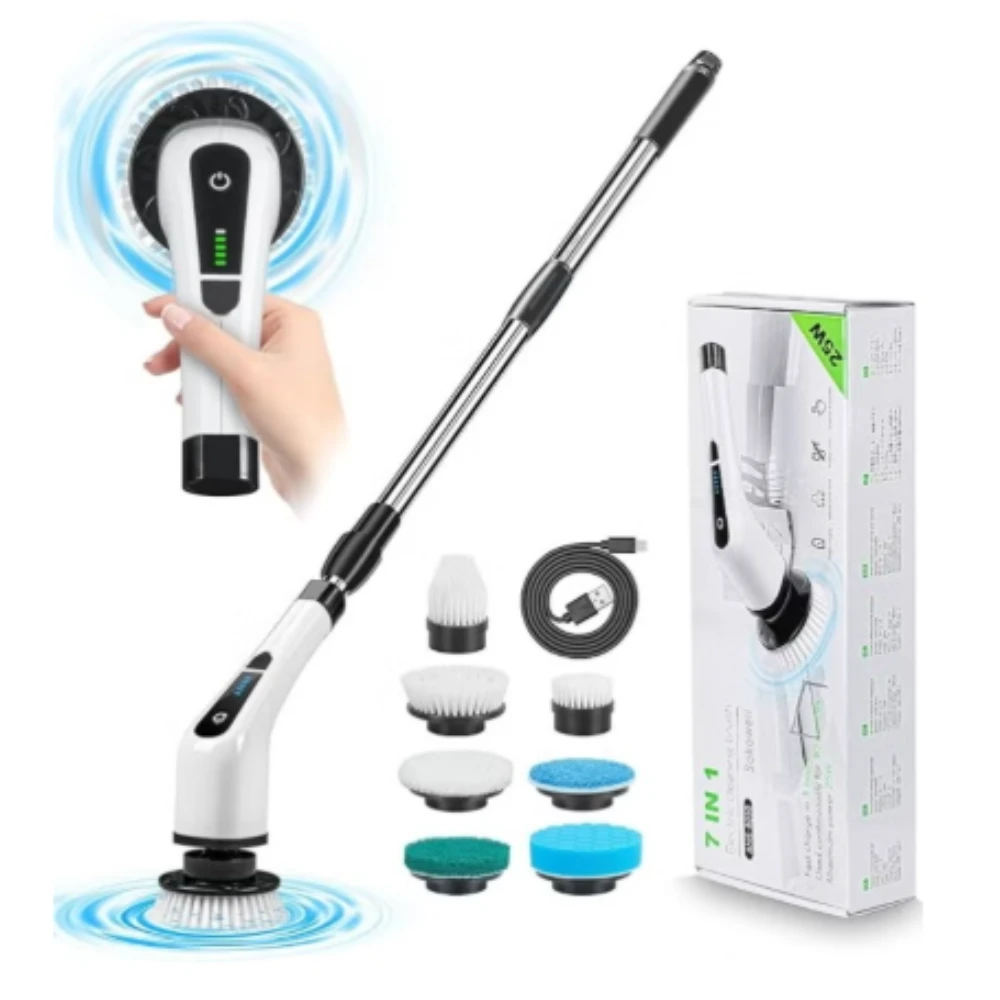 فرشاة تنظيف كهربائية دوارة 7 في 1، فرشاة تنظيف لاسلكية للحمام مع مقبض تمديد، مناسبة لتنظيف الدش والبلاط والأرضيات - أسود