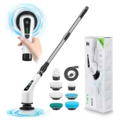 فرشاة تنظيف كهربائية دوارة 7 في 1، فرشاة تنظيف لاسلكية للحمام مع مقبض تمديد، مناسبة لتنظيف الدش والبلاط والأرضيات - أسود