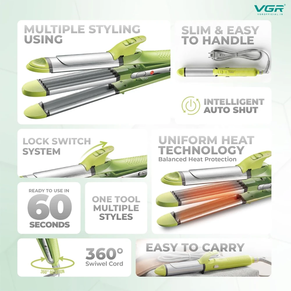 مكواه الشعر الاحترافي VGR V-569  -لفرد الشعر، وتمويجه مع ألواح مطلية بالسيراميك، وإعدادات قابلة للتعديل، وتقنية تسخين موحدة تصل إلى 230 درجة مئوية