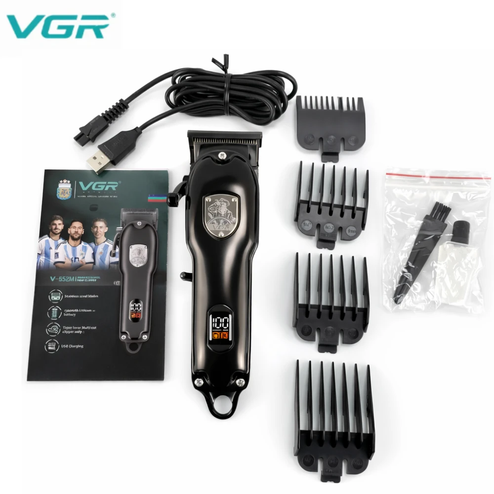 ماكينة قص الشعر VGR V-652M احترافية مع علامة من الفولاذ المقاوم للصدأ، بطارية ليثيوم 1500 مللي أمبير في الساعة، رافعة مستدقة للشحن عبر USB لقص الشعر والضغط
