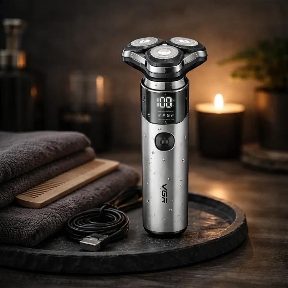 ماكينة حلاقة قابلة لإعادة الشحن بثلاثة رؤوس V-321 / شاشة LCD، 2000 مللي أمبير، مقاومة للماء بمعيار IPX7