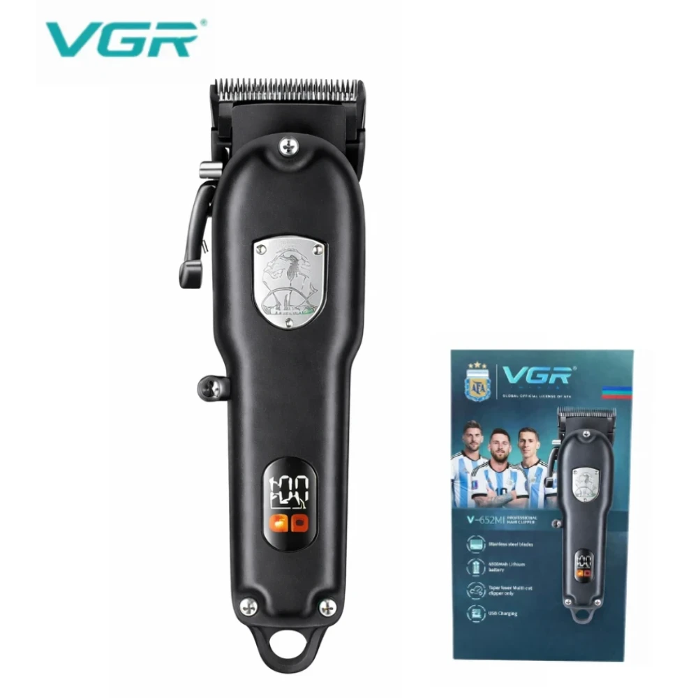 ماكينة قص الشعر VGR V-652M احترافية مع علامة من الفولاذ المقاوم للصدأ، بطارية ليثيوم 1500 مللي أمبير في الساعة، رافعة مستدقة للشحن عبر USB لقص الشعر والضغط