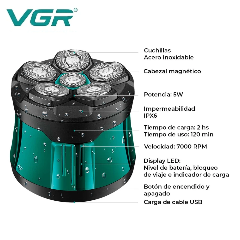 ماكينة حلاقة احترافيه Vgr V-373 للرجال، للحلاقة الكاملة، رأس 6D، أخضر