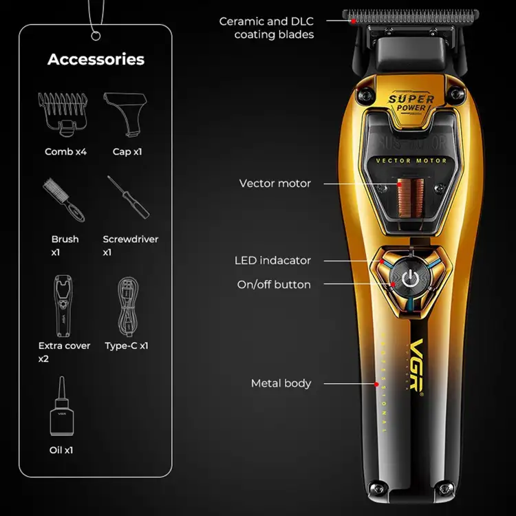 ماكينة حلاقة الشعر VGR 668T للرجال، حلاقة اللحية للرجال، لاسلكية، بمحرك Vector بسرعة 11000 دورة في الدقيقة، شفرة سيراميك DLC على شكل حرف T، طقم عناية شخصية USB-C ببطارية 2500 مللي أمبير