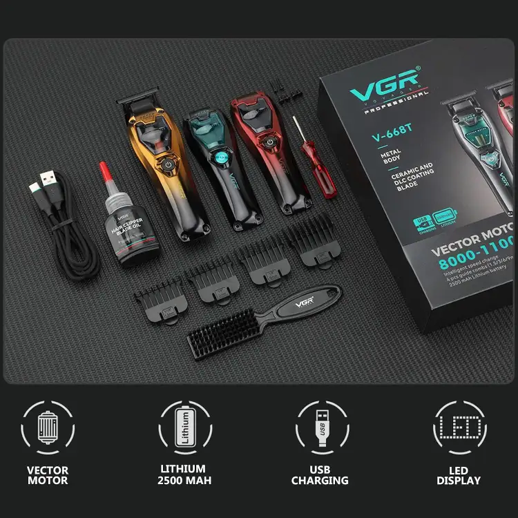 ماكينة حلاقة الشعر VGR 668T للرجال، حلاقة اللحية للرجال، لاسلكية، بمحرك Vector بسرعة 11000 دورة في الدقيقة، شفرة سيراميك DLC على شكل حرف T، طقم عناية شخصية USB-C ببطارية 2500 مللي أمبير
