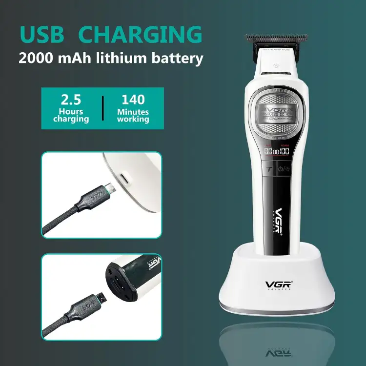 ماكينة حلاقة الشعر VGR 888T للرجال، شفرة على شكل حرف T، 8000 دورة في الدقيقة، شفرة مطلية بطبقة DLC| حلاقة دقيقة لاسلكية؛ شاشة LED؛ إضاءة مدمجة؛ بطارية 2000 مللي أمبير؛ قاعدة شحن USB؛