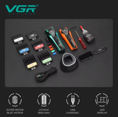 ماكينة حلاقة  شعر احترافية VGR  قابلة لإعادة الشحن محرك BLDC بدوار خارجي أداة تشذيب الشعر إضاءة موضعية LED شفرة DLC ماكينة حلاقة للرجال V-884 C
