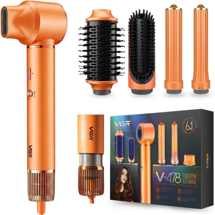 فرشاه  تصفيف الشعر VGR V-478  بقوة 1300 واط، مجفف شعر وفرشاة دائرية، 3 سرعات و4 مستويات حرارة، مكواة تجعيد مع جزء خلفي قابل للإزالة، برتقالي (6 في 1 )