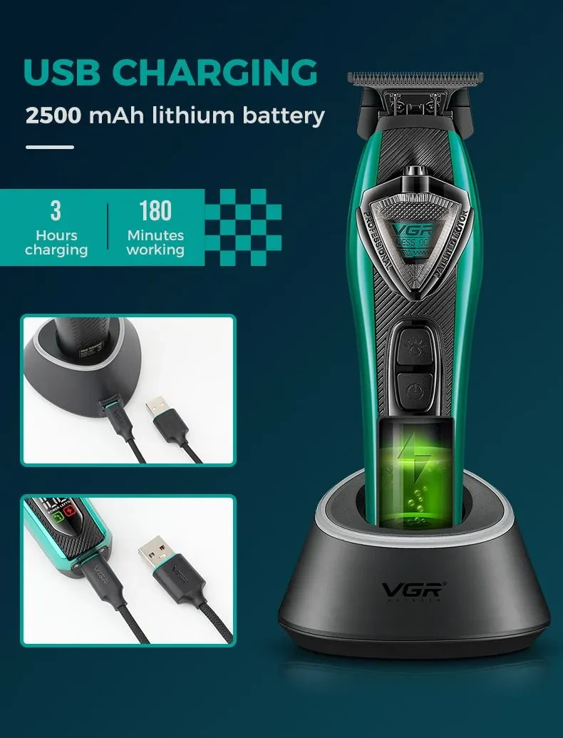 ماكينة حلاقة شعر احترافية VGR قابلة لإعادة الشحن أداة تشذيب الشعر إضاءة موضعية LED شفرة DLC ماكينة حلاقة للرجال V-884 T