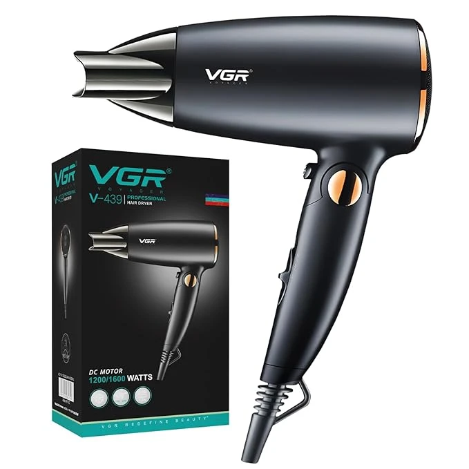 مجفف الشعر القابل للطي VGR V-439 للرجال والنساء بمحرك تيار مستمر بقوة 1600 واط،  (أسود)