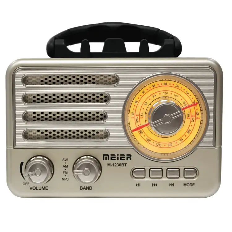 راديو ماير M-1230BT المحمول بتصميم كلاسيكي، يدعم موجات FM وMW وSW، مزود بتقنية بلوتوث، ويشغل ملفات MP3، ويعمل بالكهرباء والبطارية.